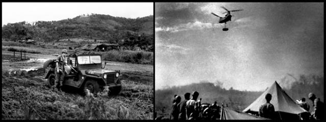 DF team member and jeep at a firebase, in the Central Highlands and Chinook lifting a load on a sling